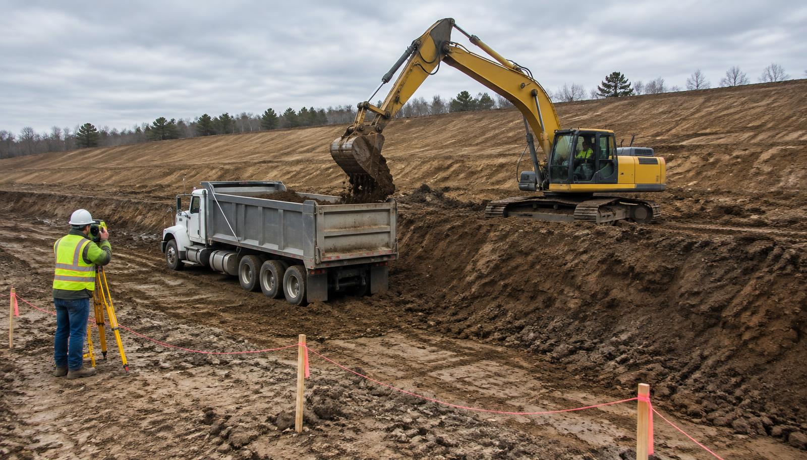 Hydraulic excavator working a mass excavation with a dump truck at the cut line